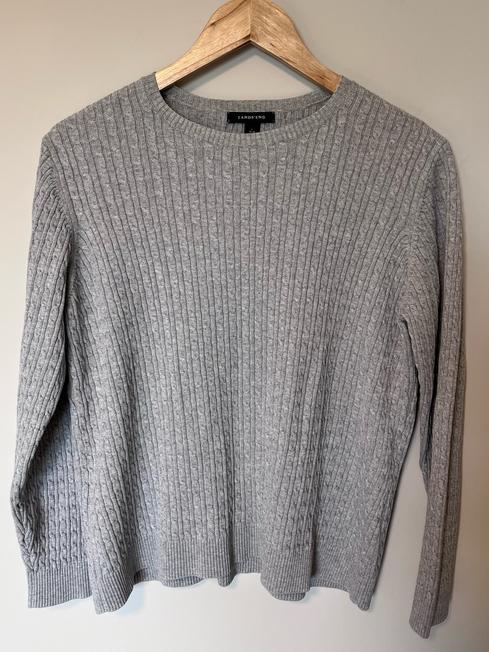 Lands' End Women’s L 100 % Cotton Grey Cable Crewneck Ribbed Long Sleeve Sweater